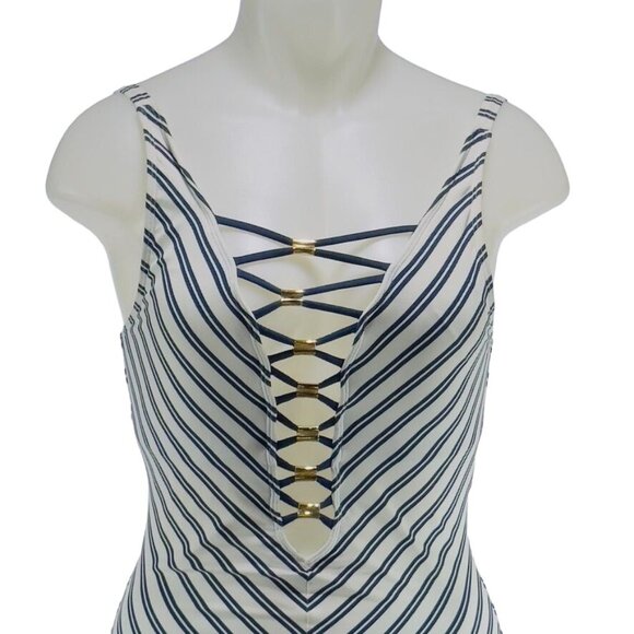 BLEU ROD BEATTIE Women's Swimsuit 1 Pc Nylon Striped Blue White Open Back Size 4 - Picture 2 of 10